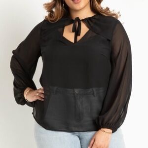 Eloquii Black Sheer Tie Front Blouse